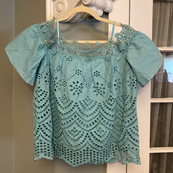 NWOT Venus Sz 6 Blue Lace Detail Off the Shoulder Adjustable Strap Short Sleeve - Picture 1 of 11